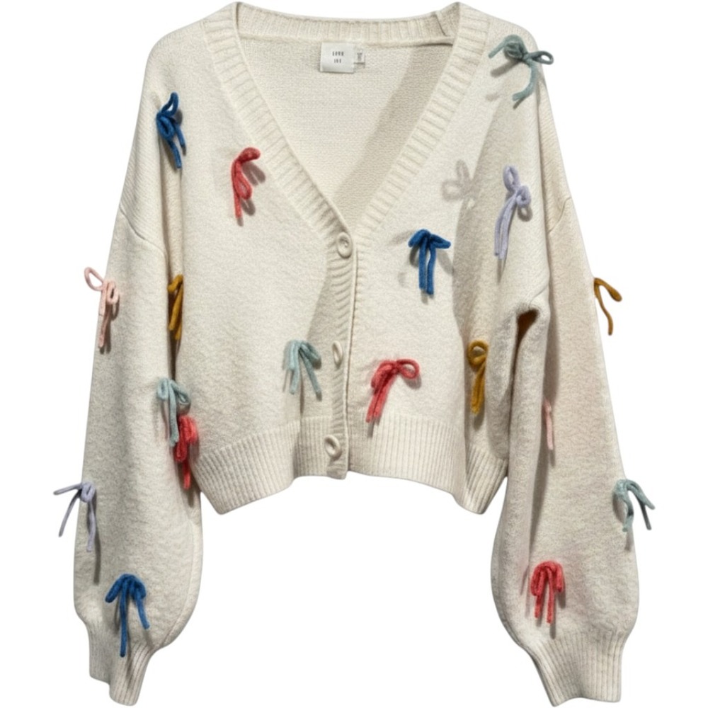 Luna Ivy Cream Cropped Cardigan Sweater Multi Color 3D‎ Bows Womens Small Y7707